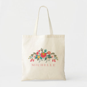 Pink Floral Bouquet with Name Tote Bag