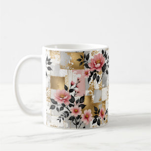 Pink Floral Bouquets on Gold and White Squares Coffee Mug