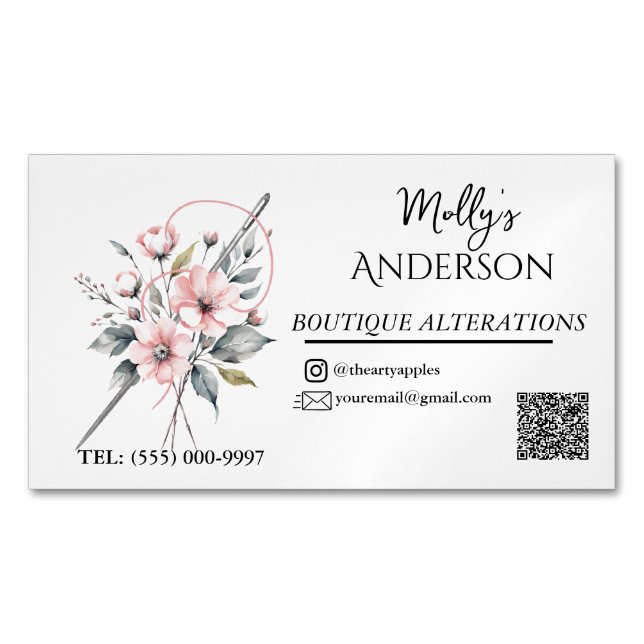 Pink floral Boutique Sewing & Alterations  Magnetic Business Card (Front)