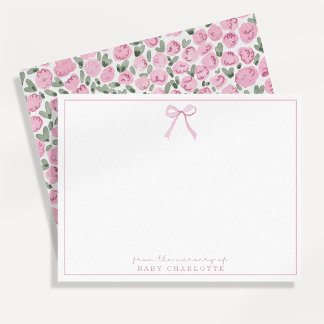 Pink Floral Bow Baby Girl Nursery Note Card