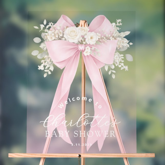 Pink Floral Bow Baby girl Shower Welcome Acrylic Sign (Neutral)