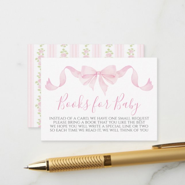Pink Floral Bow Baby Shower Book Request Card (Front/Back In Situ)