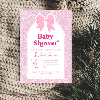 Pink Floral Bow Baby Shower Invitation