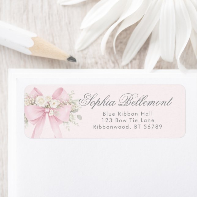 Pink Floral Bow Baby Shower Return Address (Insitu)