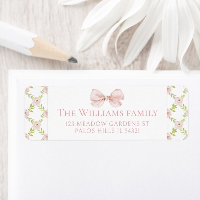 Pink Floral Bow Baby Shower return address labels (Insitu)