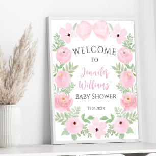 Pink floral bow baby shower welcome sign poster