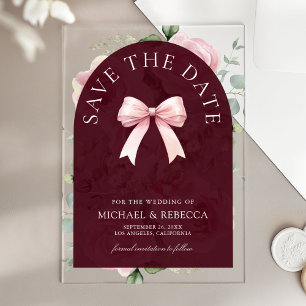 Pink Floral Bow Burgundy Wedding Save the Date Acrylic Invitations