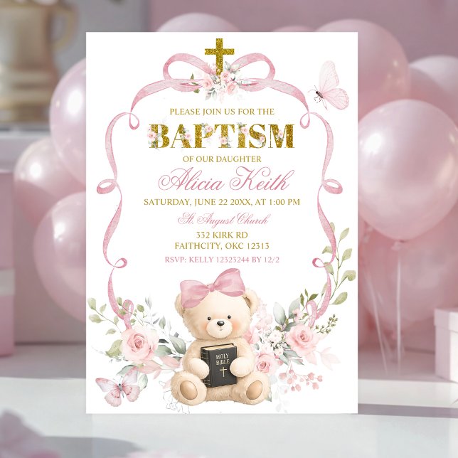 Pink Floral Bow Coquette Bear Baptism invitation (Creator Uploaded)