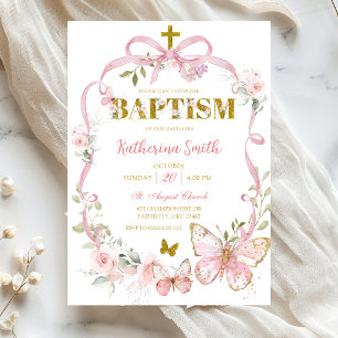Pink Floral Bow Coquette Butterfly Baptism Invitation