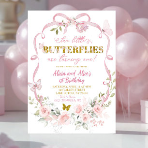 Pink Floral Bow Coquette Butterfly Twin Birthday Invitation