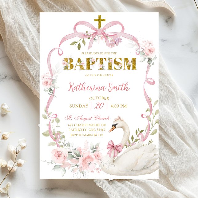 Pink Floral Bow Coquette Crown Swan Baptism Invitation (Creator Uploaded)