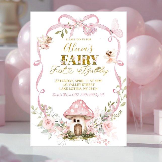Pink Floral Bow Coquette Fairy First Birthday Invitation (Creator Uploaded)