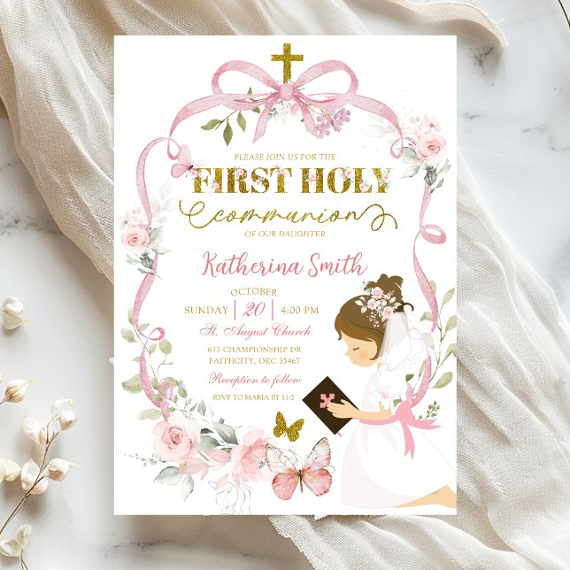 Pink Floral Bow Coquette First Holy Communion Invitation (Creator Uploaded)