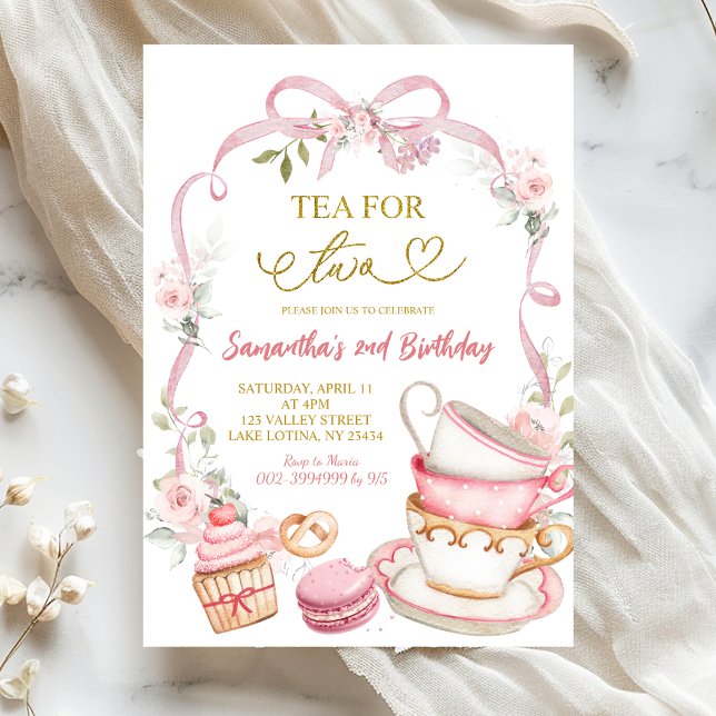 Pink Floral Bow Coquette Tea For Two birthday Invitation (Creator Uploaded)
