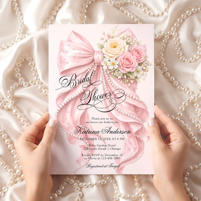 Pink Floral Bow Elegant Bridal Shower  Invitation (Creator Uploaded)