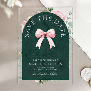 Pink Floral Bow Emerald Wedding Save the Date Acrylic Invitations