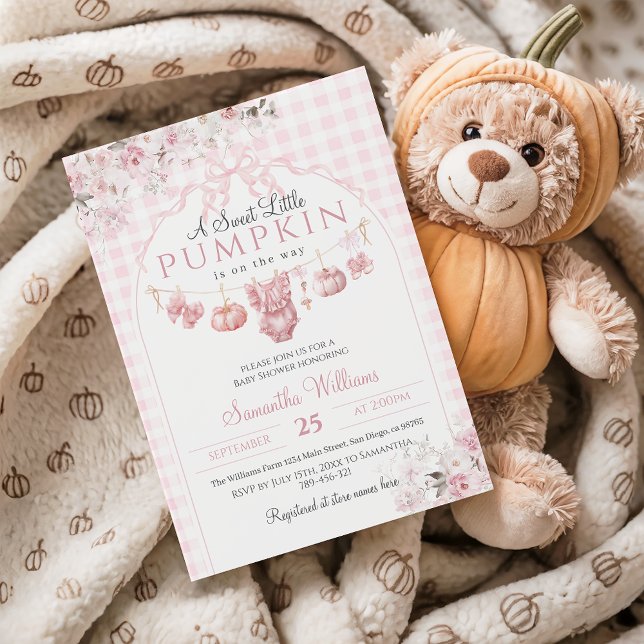 Pink Floral Bow Little Pumpkin Girl Baby Shower Invitation (Creator Uploaded)