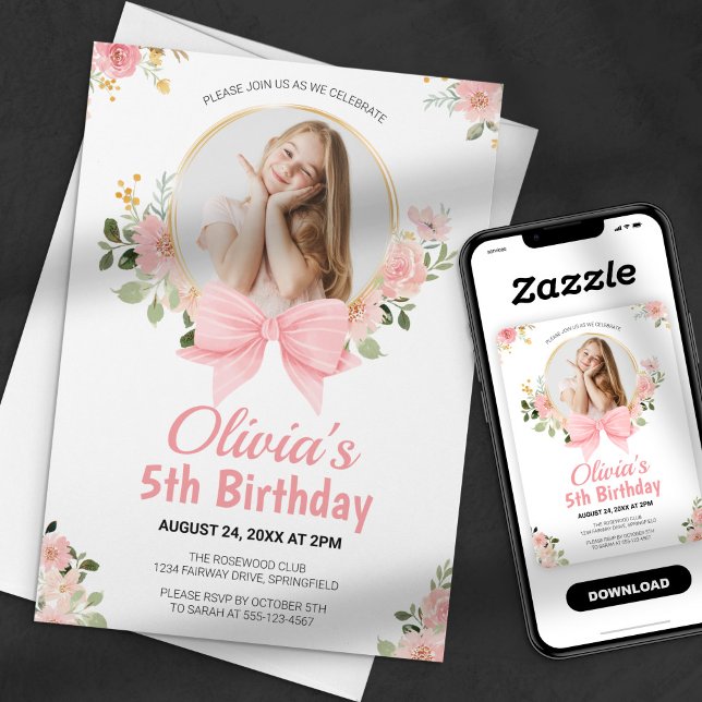 Pink Floral Bow Photo Girl Birthday Invitation (Creator Uploaded)