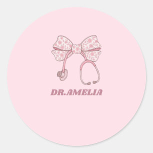 Pink Floral Bow Stethoscope Doctor Name Design Classic Round Sticker