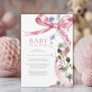 Pink Floral Bow Wildflower Baby Shower Invitation