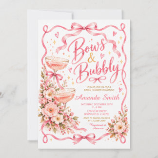 Pink Floral Bows & Bubbly Champagne Bridal Shower Invitation