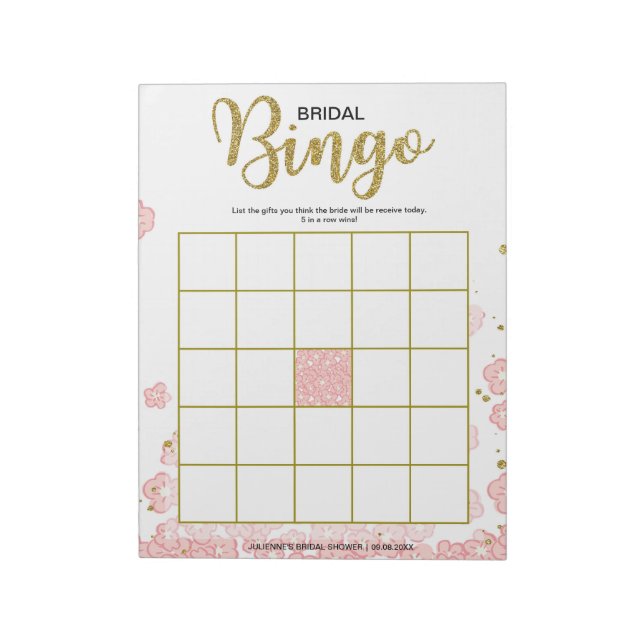 Pink Floral Bridal Bingo Notepad (Rotated)