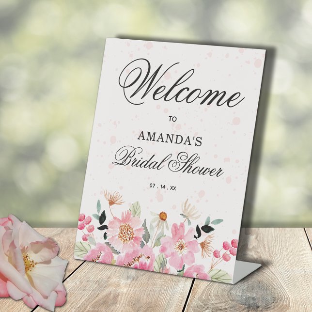 Pink Floral Bridal Brunch Welcome Pedestal Sign (Pink floral bridal shower  Welcome pedestal tabletop sign)