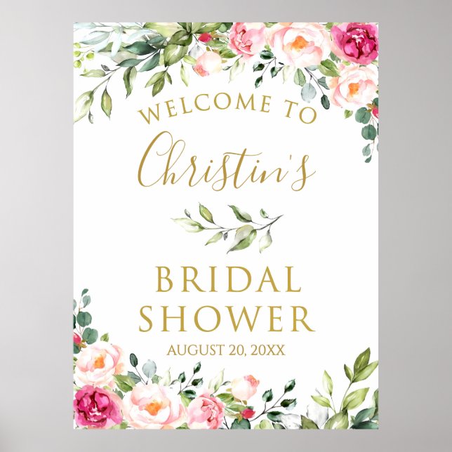 Pink Floral Bridal Shower blush pink flowers Cute Poster