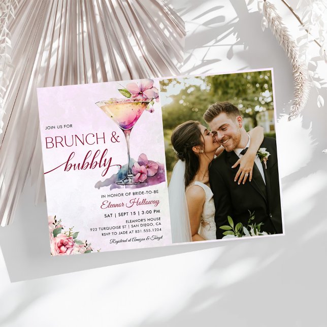 Pink Floral Bridal Shower Brunch and Bubbly Photo Invitation (Creator Uploaded)