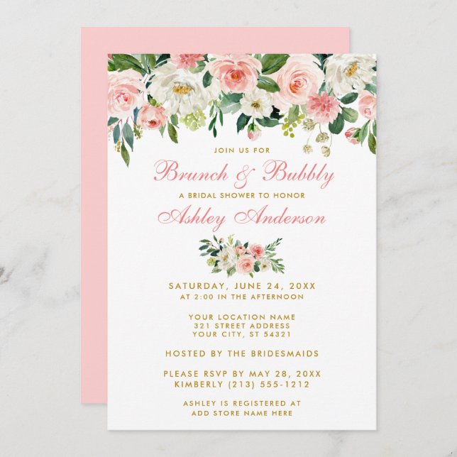 Pink Floral Bridal Shower Brunch Gold Invite GP (Front/Back)