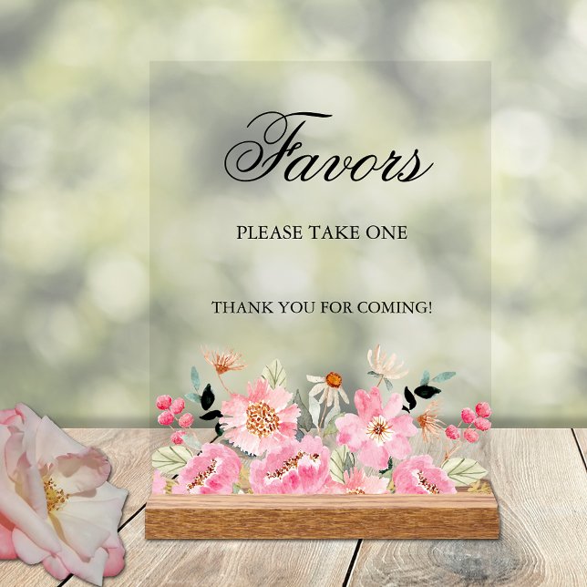 Pink Floral Bridal Shower Favours Acrylic Sign (Pink floral bridal shower Favors  tabletop acrylic sign)