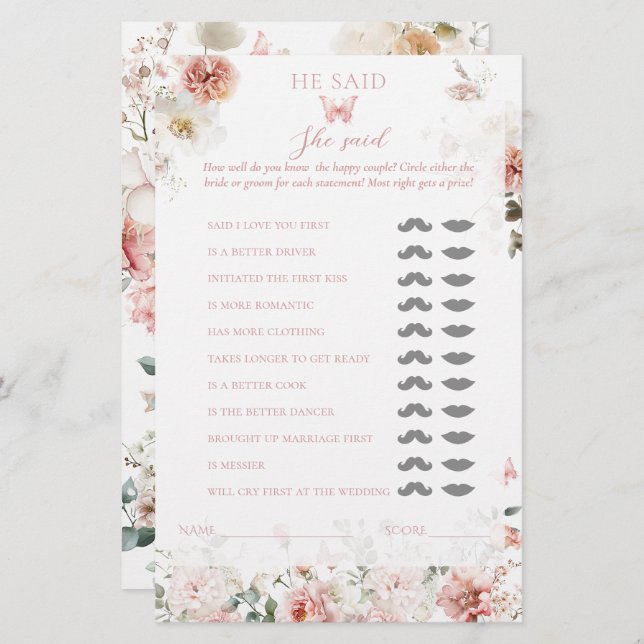 Pink Floral Bridal Shower He said, She said Game (Front/Back)