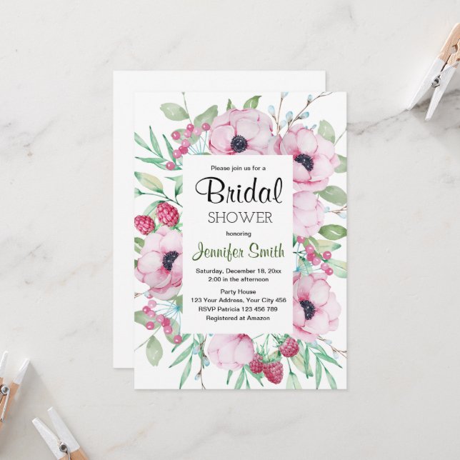 Pink Floral Bridal Shower Invitations (Front/Back In Situ)