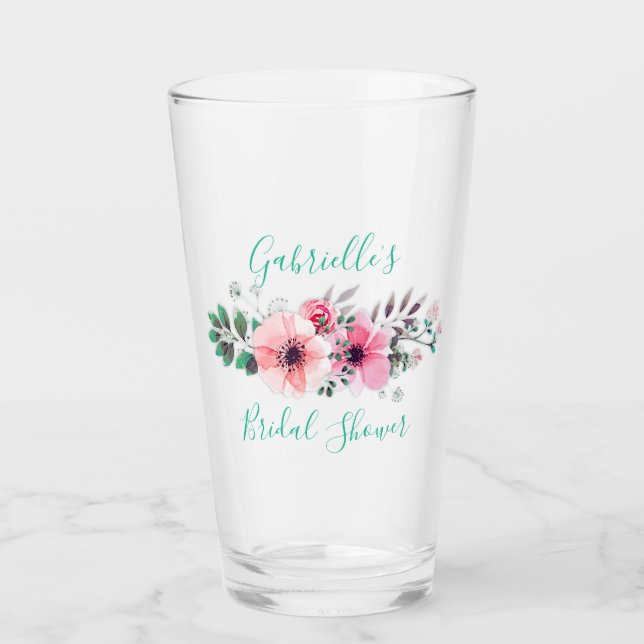 Pink Floral Bridal Shower Personalised Drinkware Glass (Front)