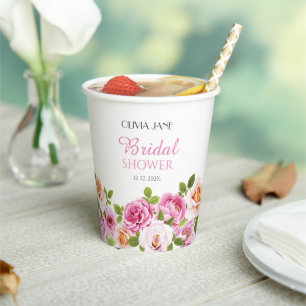 Pink Floral Bridal Shower Petals and Prosecco  Paper Cups