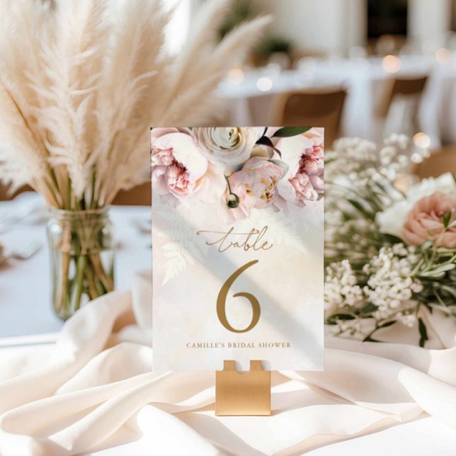Pink Floral Bridal Shower Table Numbers (Blush Floral Elegant Bridal Shower Table Number Card)