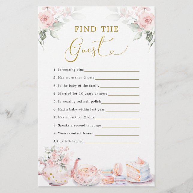 Pink Floral Bridal Shower Tea Party Find The Guest (Front)