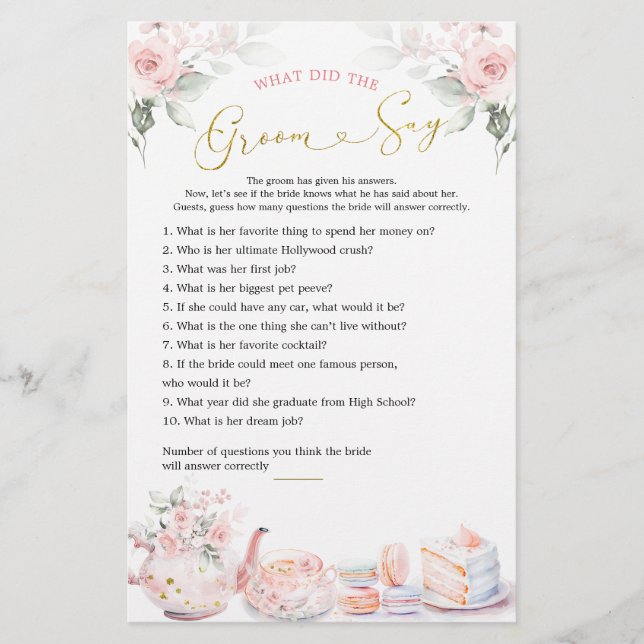 Pink Floral Bridal Shower Tea Party Groom Say (Front)