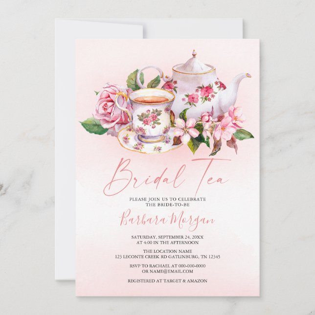 Pink Floral Bridal Shower Tea Party Invitation (Front)