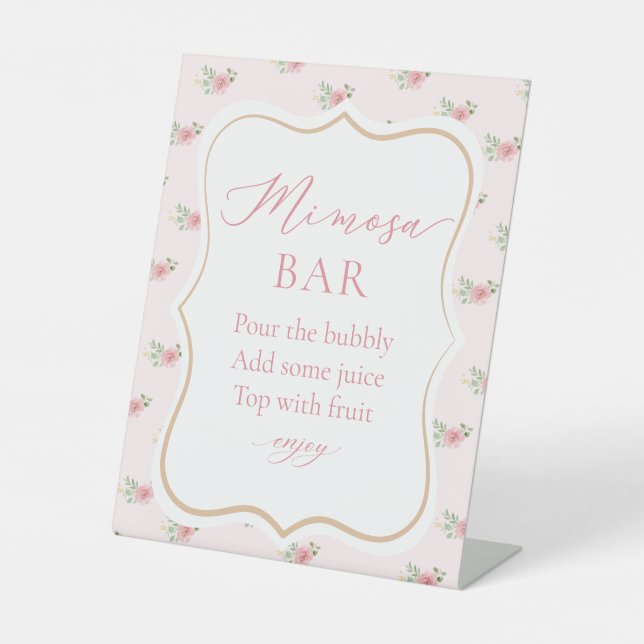 Pink Floral Bridal Shower Tea Party Mimosa Bar Pedestal Sign (Front)