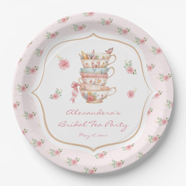 Pink Floral Bridal Shower Tea Party Paper Plate (Front)