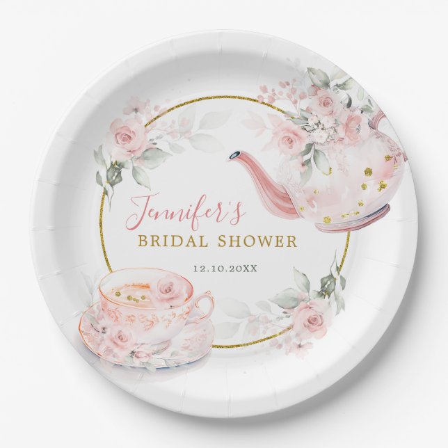 Pink Floral Bridal Shower Tea Party Paper Plate (Front)