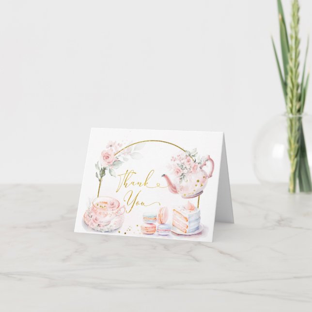 Pink Floral Bridal Shower Tea Party Thank You Card (Front)
