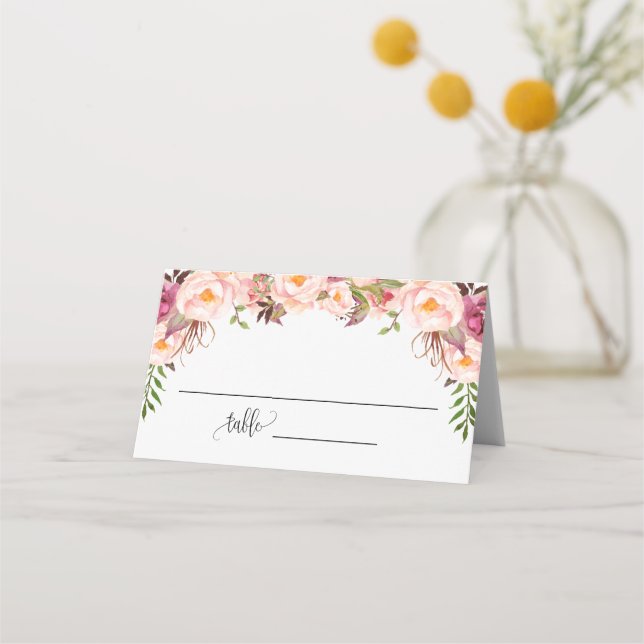 Pink Floral Bridal Shower Wedding Seating Folded Place Card (Front)