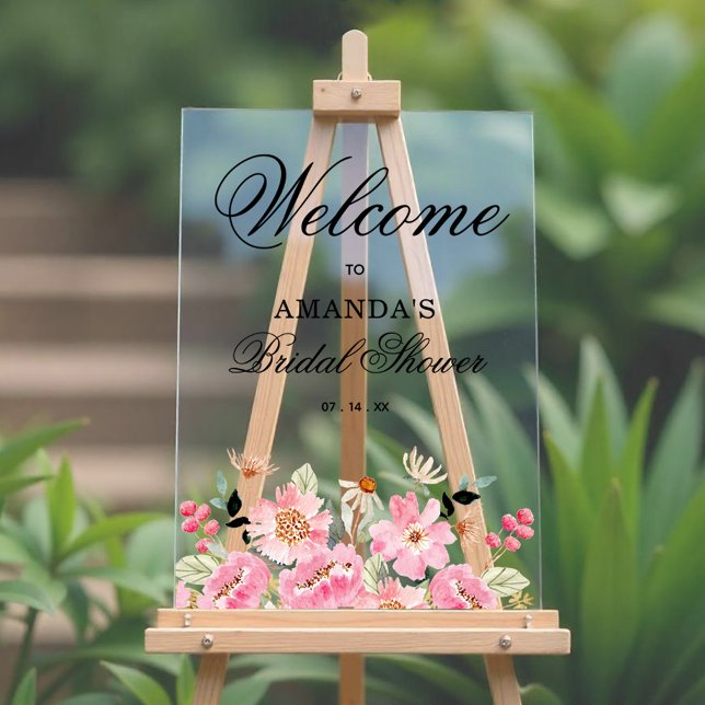 Pink Floral Bridal Shower Welcome Acrylic Sign (Pink garden floral bridal shower welcome clear acrylic sign)