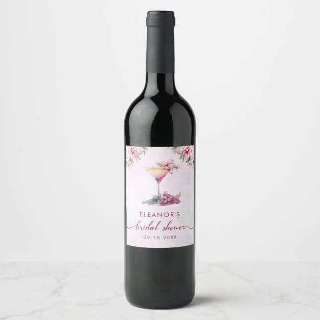 Pink Floral Bridal Shower  Wine Label (Front)