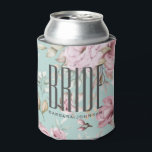 Pink Floral Bride Can Cooler<br><div class="desc">Keep the celebration cool with this elegant personalised bride can cooler! Designed with soft blush and ivory watercolor florals on a light teal background, this koozie features bold modern “BRIDE” typography and custom name text. Perfect for bridal showers, bachelorette parties, wedding mornings, or beachside bridal festivities. A stylish and practical...</div>
