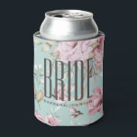 Pink Floral Bride Can Cooler<br><div class="desc">Keep the celebration cool with this elegant personalised bride can cooler! Designed with soft blush and ivory watercolor florals on a light teal background, this koozie features bold modern “BRIDE” typography and custom name text. Perfect for bridal showers, bachelorette parties, wedding mornings, or beachside bridal festivities. A stylish and practical...</div>