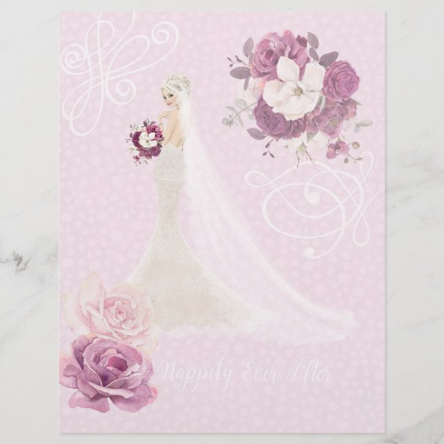 Pink Floral Bride Wedding Scrapbook Paper (Front)