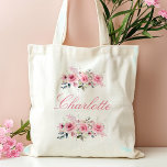 Pink Floral Bridesmaid Name Tote Bag<br><div class="desc">Pink Floral Bridesmaid Name Tote Bag This elegant pink floral watercolor tote bag is a perfect bridesmaid proposal or gift. Featuring a custom name in beautiful calligraphy, it's a stylish and practical accessory for your wedding celebration. Its delicate floral design adds a touch of sophistication, making it a memorable keepsake...</div>